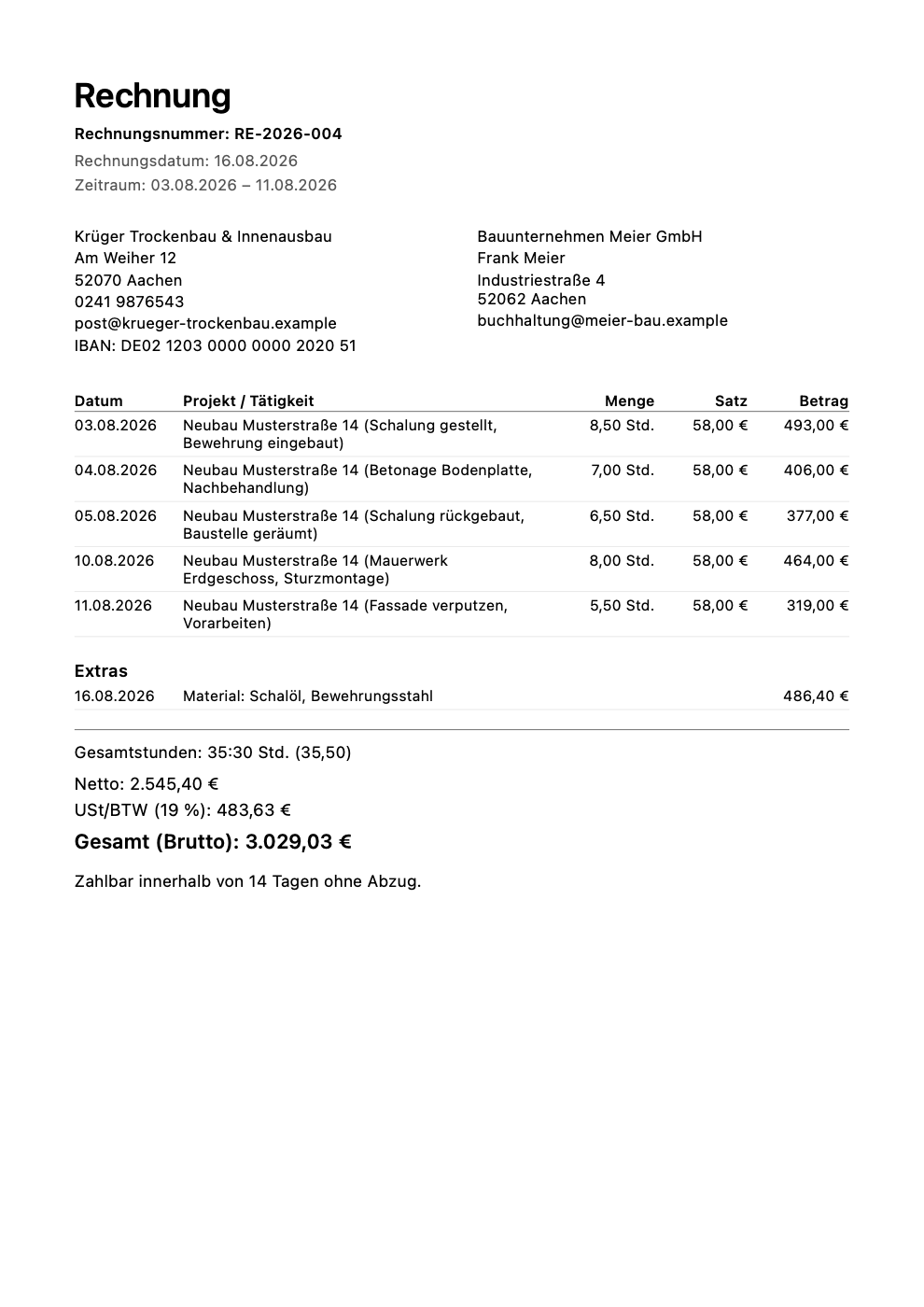 Mit Ruvendi erzeugte PDF-Rechnung: Rechnungsnummer, Absender und Empfänger, Positionen mit Stunden und Satz, Netto, USt und Bruttobetrag.